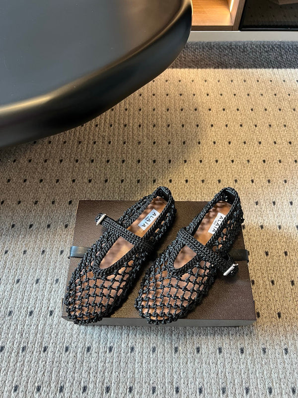 Alaia Crochet Mary Jane Ballet Flats Handwoven