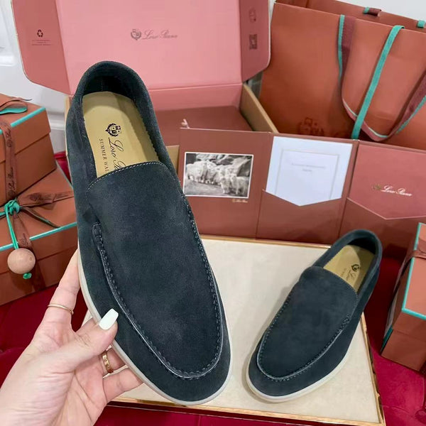 Loro Piana Suede Summer Walk Loafers Dark Grey