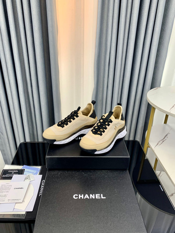 Chanel Interlocking CC Logo Sneaker Beige Black in Fabric patchwork