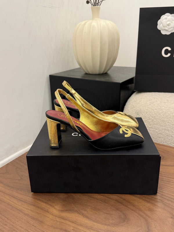 Slingback Black Gold 75mm Square Toe Cowhide
