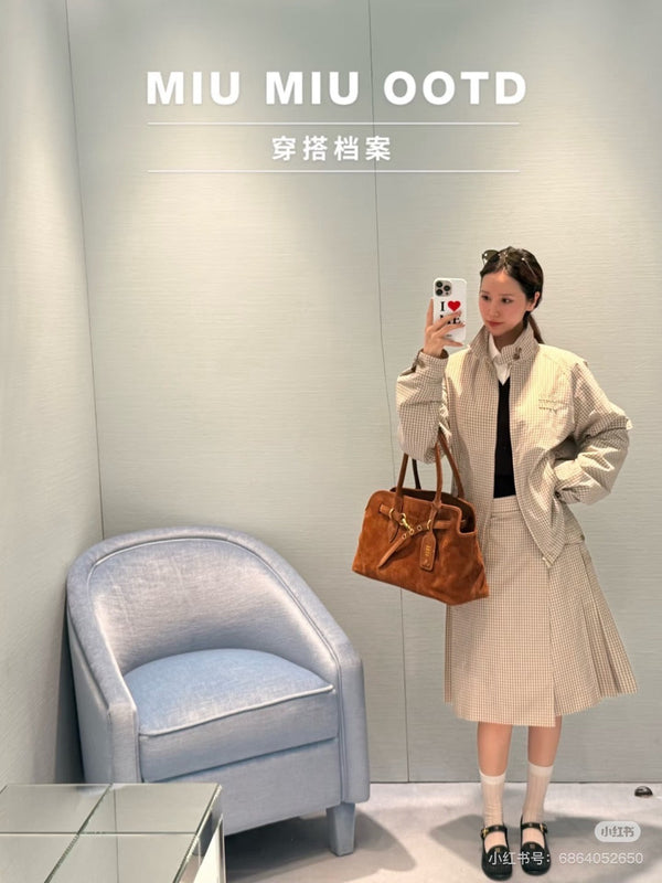 Miu Miu Beige-Brown Plaid Midi Skirt in Cotton YB