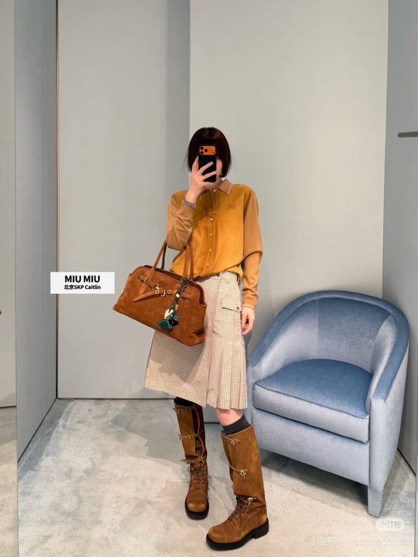 Miu Miu Beige-Brown Plaid Midi Skirt in Cotton YB