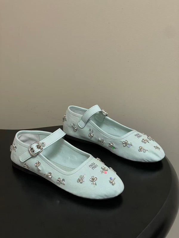Miu Embellished Drill Ballerinas Light Blue Canvas With Rhinestones