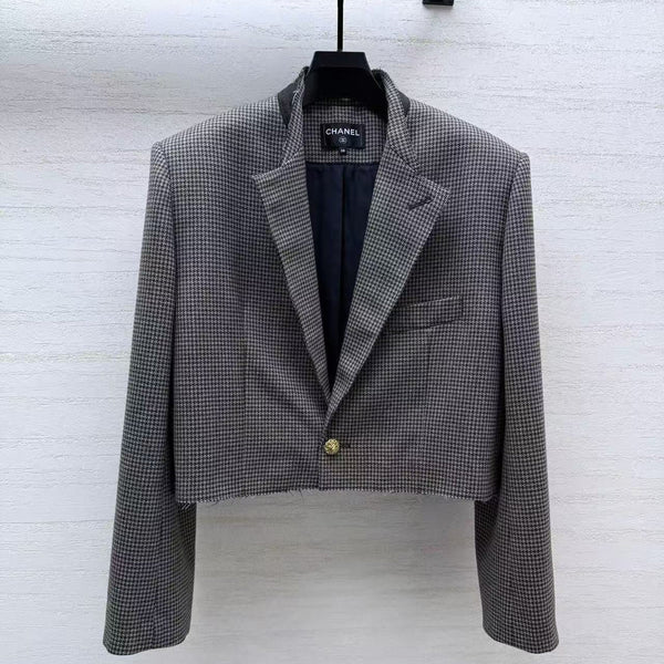 CC Cropped Houndstooth Blazer Greige Wool