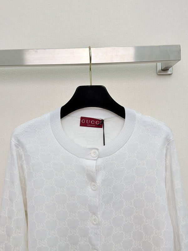 Gucc Monogram Knit Jacquard Cardigan White Cotton