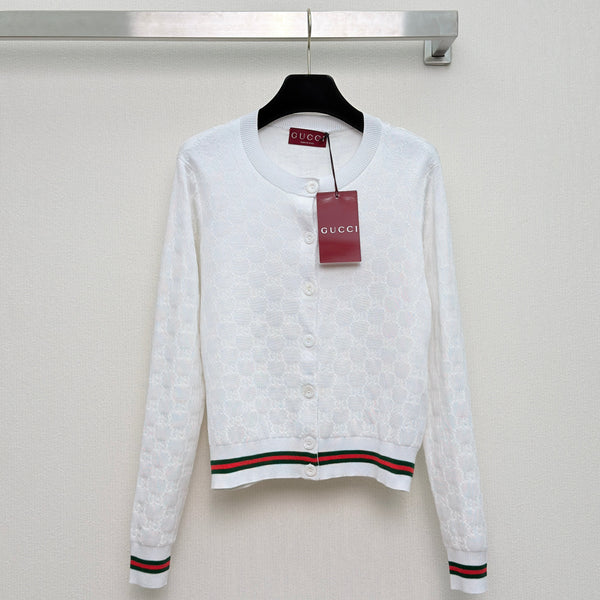 Gucc Monogram Knit Jacquard Cardigan White Cotton
