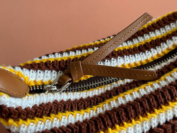 Miu Crochet Pouch Brown White Cream Cotton