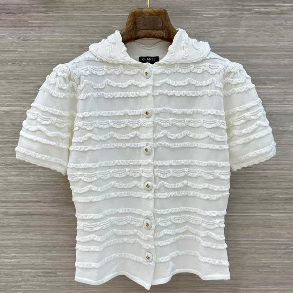 CC Ruffled Short Sleeve Knit Cardigan White Cotton