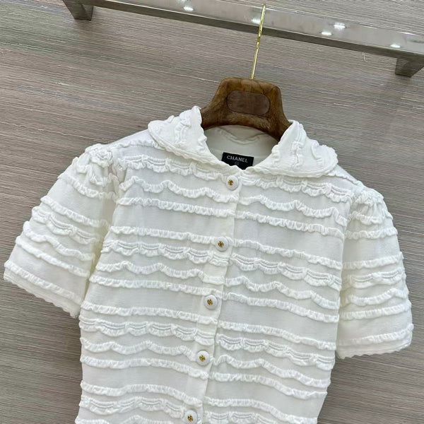 CC Ruffled Short Sleeve Knit Cardigan White Cotton