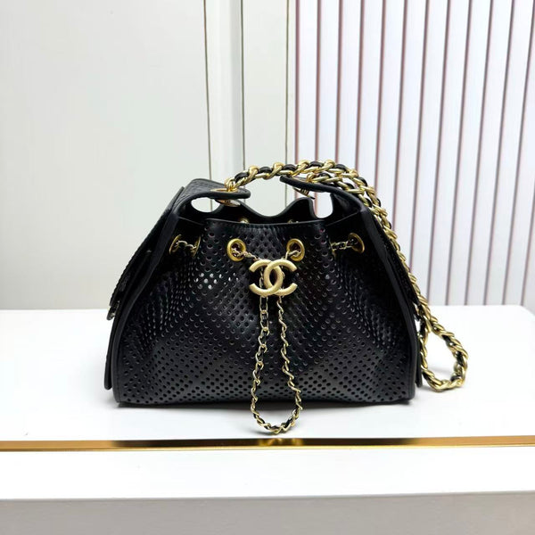 CC Hobo Bag 22cm Black Perforated Soft Cowhide