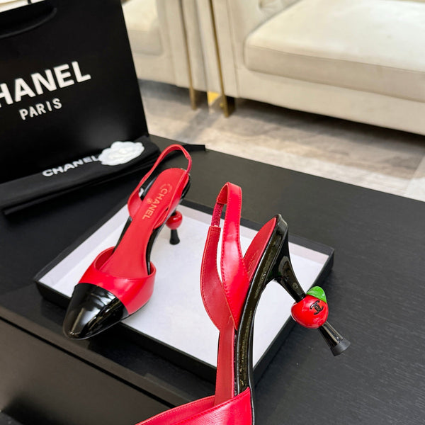CC Métiers d'Art Apple Slingback Pumps 8.5cm Black Red Cowhide Leather