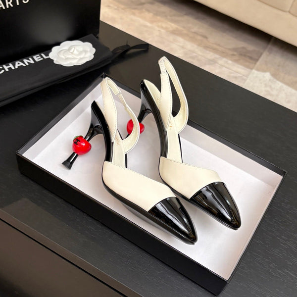 CC Métiers d'Art Apple Slingback Pumps 8.5cm Black White Cowhide Leather