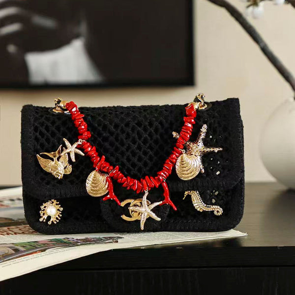 CC Coco Beach 2026 Small Flap Bag Charm 21cm Black Mesh