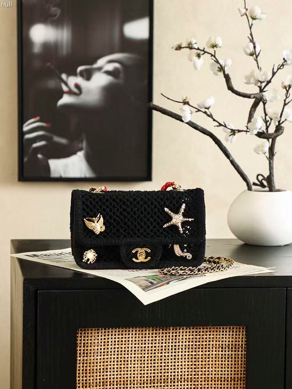 CC Coco Beach 2026 Small Flap Bag Charm 21cm Black Mesh