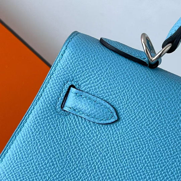 HM KELLY 25CM BLUE EPSOM LEATHER SILVER HARDWARE