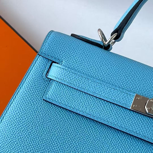 HM KELLY 25CM BLUE EPSOM LEATHER SILVER HARDWARE