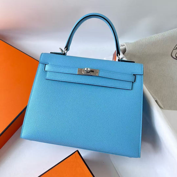 HM KELLY 25CM BLUE EPSOM LEATHER SILVER HARDWARE