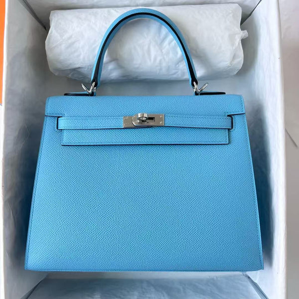 HM KELLY 25CM BLUE EPSOM LEATHER SILVER HARDWARE