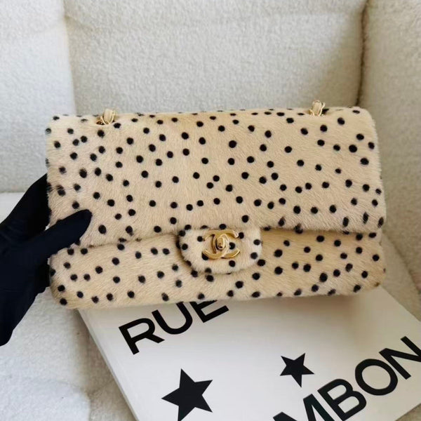 CC 2026 Flap Bag 25.5cm Beige Black Mink Fur Lambskin