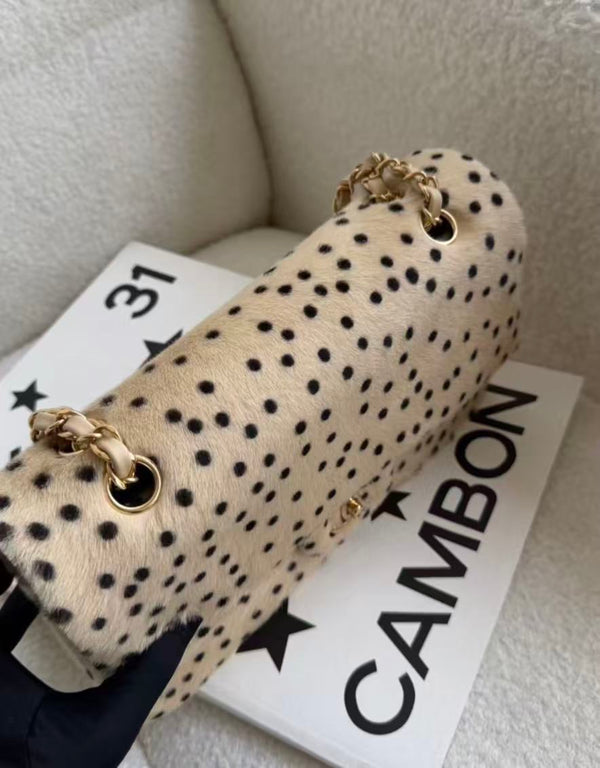 CC 2026 Flap Bag 25.5cm Beige Black Mink Fur Lambskin