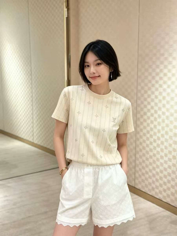 LV Lace Trim Shorts White Tencel Cotton