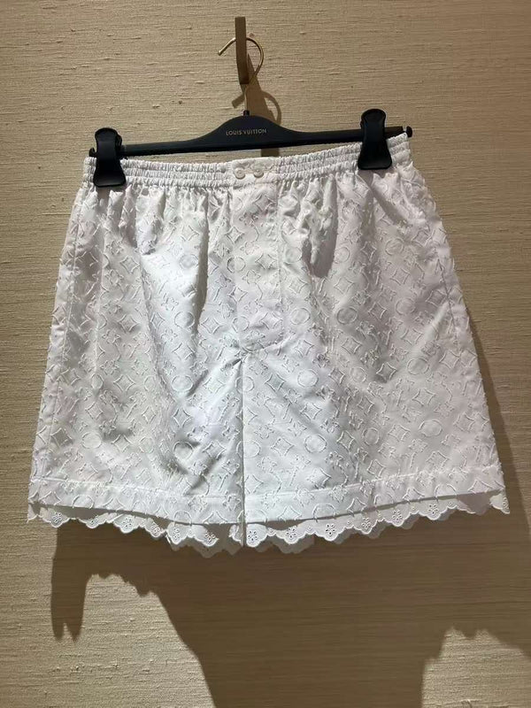 LV Lace Trim Shorts White Tencel Cotton