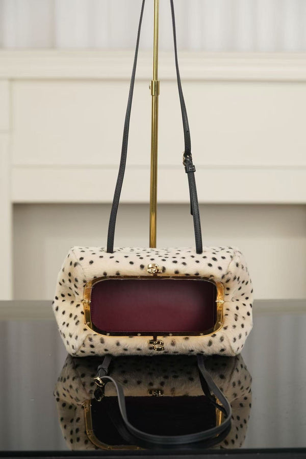 CC 26A Handbag 29.5CM Dalmatian Print Ivory Black Shearling Leather