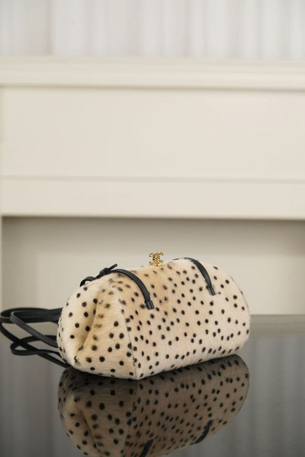CC 26A Handbag 29.5CM Dalmatian Print Ivory Black Shearling Leather