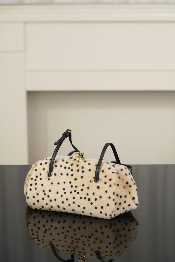 CC 26A Handbag 29.5CM Dalmatian Print Ivory Black Shearling Leather
