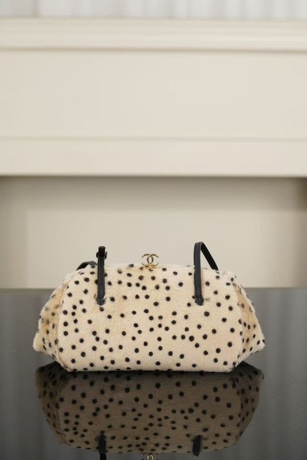 CC 26A Handbag 29.5CM Dalmatian Print Ivory Black Shearling Leather