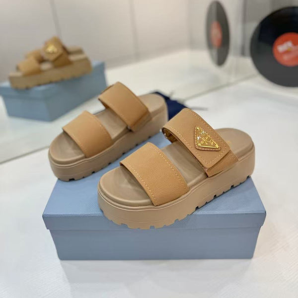 Pra Double-Strap Platform Slides Beige Cowhide Leather