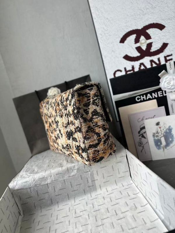 CC Maxi Flap Bag 38cm Brown Black Leopard Linen