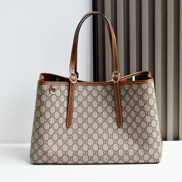GG Emblem Maxi Tote Bag Beige Brown Monogram Coated Fabric