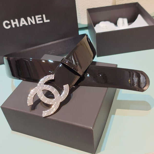 CC  Belt 5CM CC Logo Buckle Silver Crystal Leather