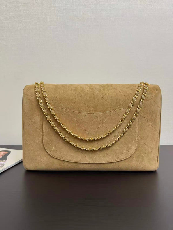 Chanel Maxi Flap Bag 38.5cm Beige Suede Leather