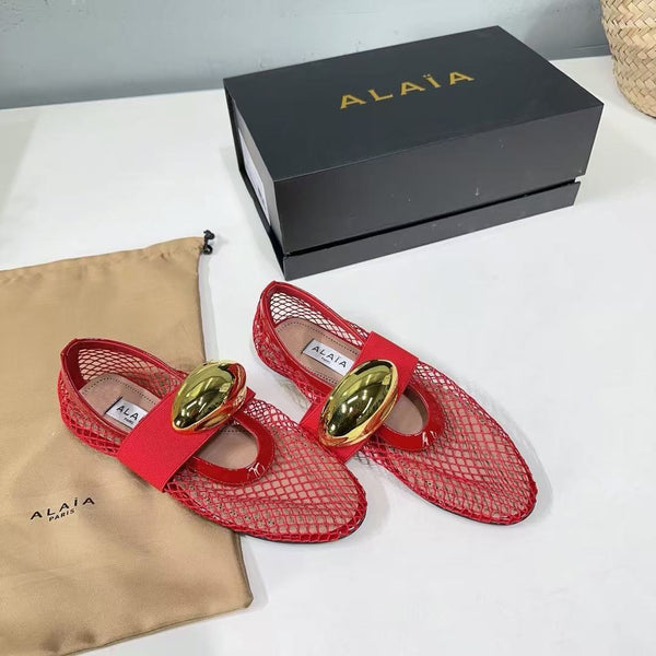 Alaila Ballet Flats Gold Oval Buckle In Burgundy Mesh Fabric 895243