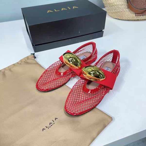 Alaila Ballet Flats Gold Oval Buckle In Burgundy Mesh Fabric 895243