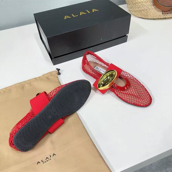 Alaila Ballet Flats Gold Oval Buckle In Burgundy Mesh Fabric 895243