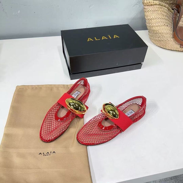 Alaila Ballet Flats Gold Oval Buckle In Burgundy Mesh Fabric 895243