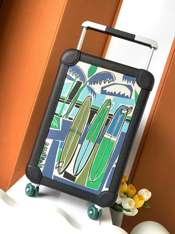 HM R.M.S Cabine Surfer Rolling Suitcase Black Multicolor Canvas Leather