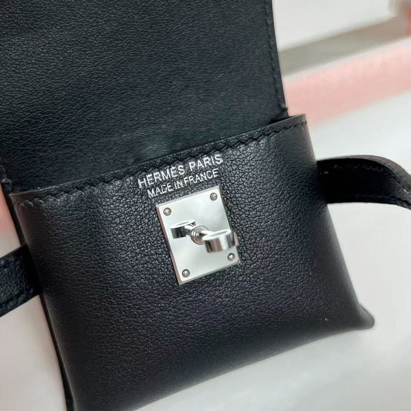 HM Kelly Festival Bag Charm in Noir Swift Calfskin SHW