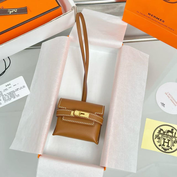 HM Kelly Festival Bag Charm in Tan Swift Calfskin GHW