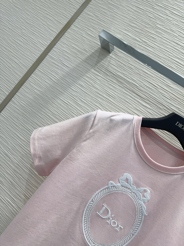 CD Médaillon Embroidered Fitted T-Shirt Pink Cotton