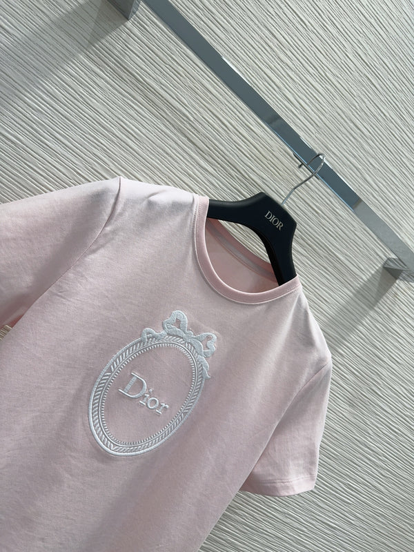 CD Médaillon Embroidered Fitted T-Shirt Pink Cotton