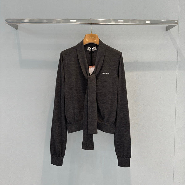 Miu Cardigan With Neck Scarf Anthracite Gray Wool
