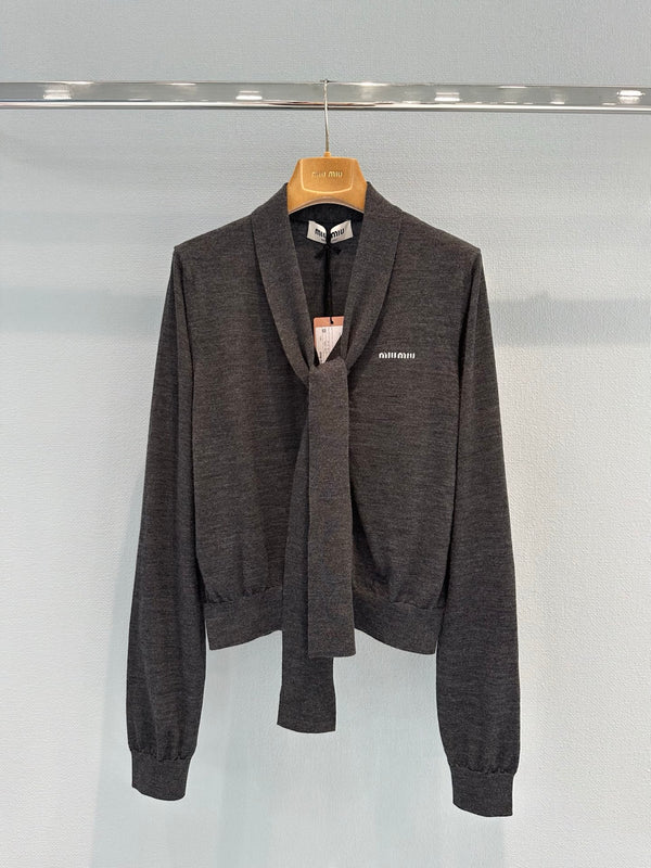 Miu Cardigan With Neck Scarf Anthracite Gray Wool