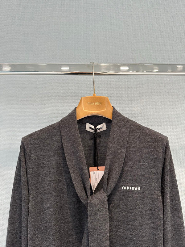 Miu Cardigan With Neck Scarf Anthracite Gray Wool