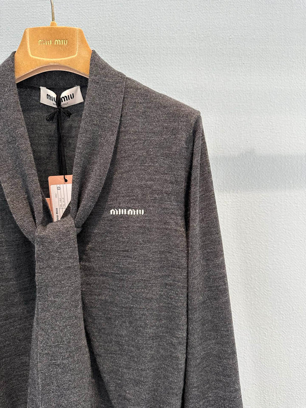 Miu Cardigan With Neck Scarf Anthracite Gray Wool