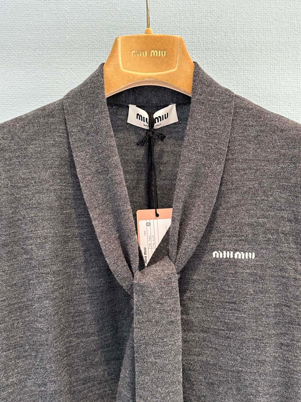 Miu Cardigan With Neck Scarf Anthracite Gray Wool