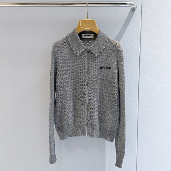 Miu Pointelle Zip Cardigan Grey Cashmere And Silk